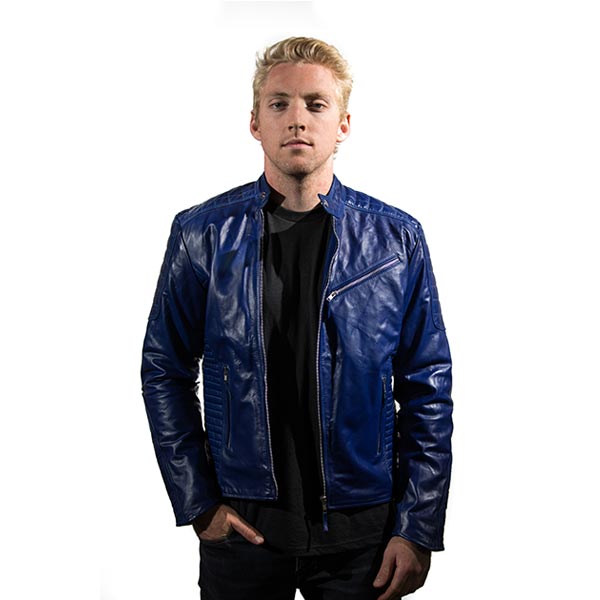 Mens Quilted Blue Leather Motorcycle Jacket